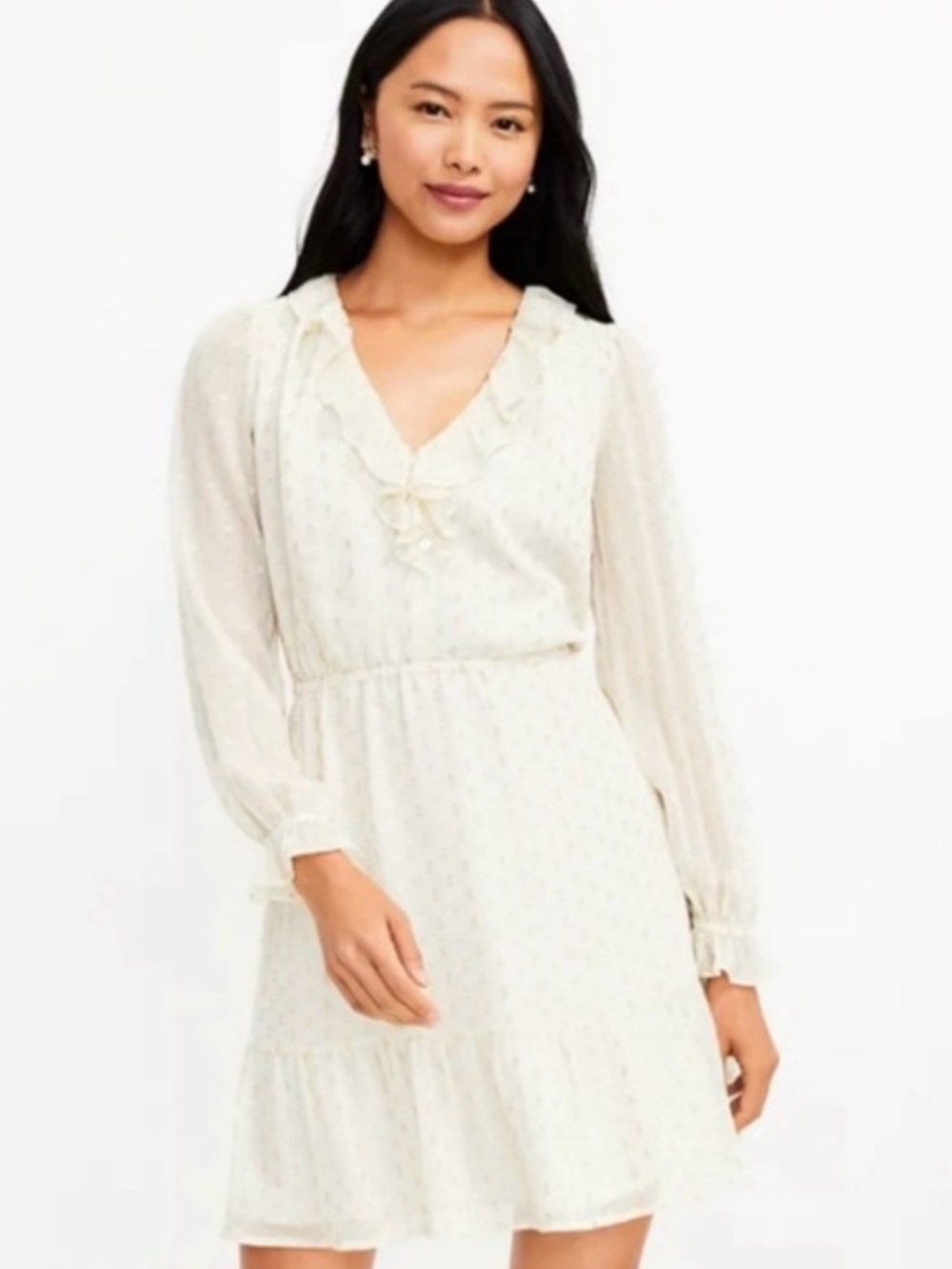 Loft Women's Cream Gold Ruffle V-Neck Long-Sleeve Dress XSP
